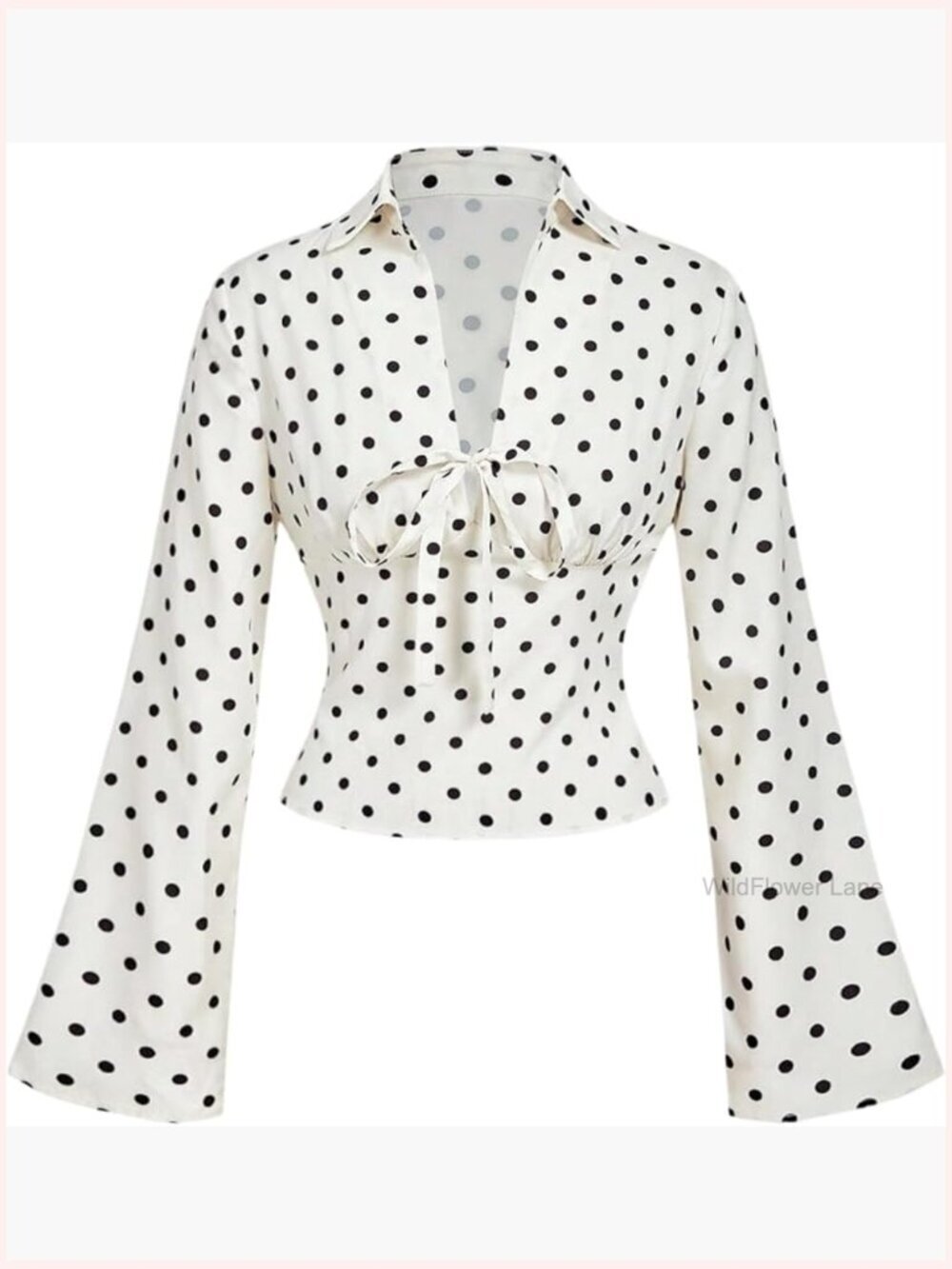 Polka Dot V-Neck Blouse Long Bell Sleeve Fitted Tie Front